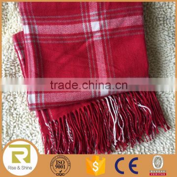 Wholesale 100% Acrylic yarn dyed herringbone plaid jacquard fringed light brushed shawl scarf