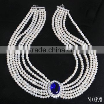 Fashion Jewelry Pearl Factory Supply Natural Freshwater Pearl Necklace With Blue Stone