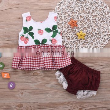 Hot style summer strawberry print red plaid top and shorts