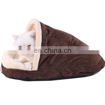 Custom Brand FBA Service Non Slip Bottom  Flannel Soft Velvet Peekaboo Cat Bed Cave