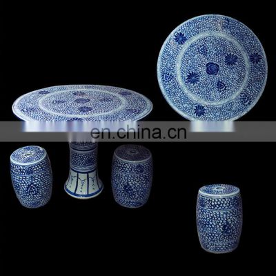 Chinese antique blue and white ceramic porcelain garden table and stool with flower design