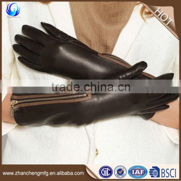 Luxury ladies winter black long sheepskin leather gloves with zipper