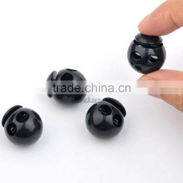 Black 5mm 2 holes plastic round ball cord lock end toggles spring clip stoppers for bungee shock cord K-072