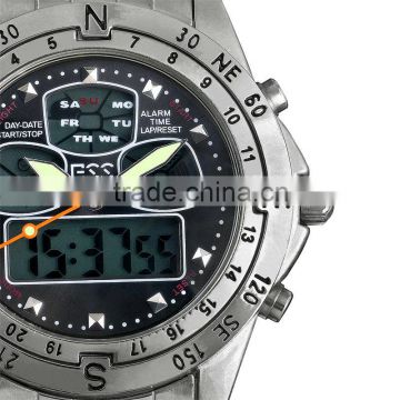 Brand New mens man analog digital alarm black face stainless steel sport quartz watch