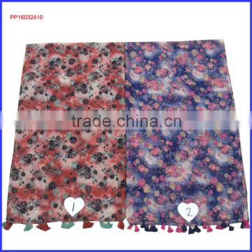2016 fashion rose scarf flower printed scarf with fringe