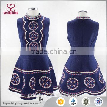 Women fashion national pattern jacquard heavy embroidered sleeveless A line dress