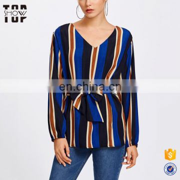 Latest fashion blouse tops women v neck striped blouse women