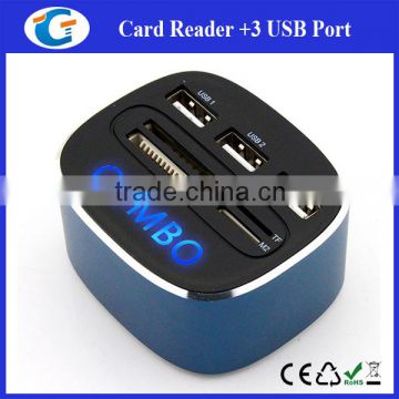 3 ports hub usb with card readers - customized led logo for gifts