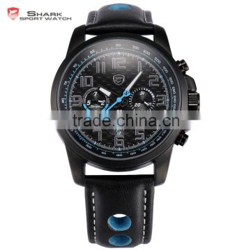 Shark Day Date 24 Hours Display Army Military Genuine Leather Strap Band Sport Wrist Watch