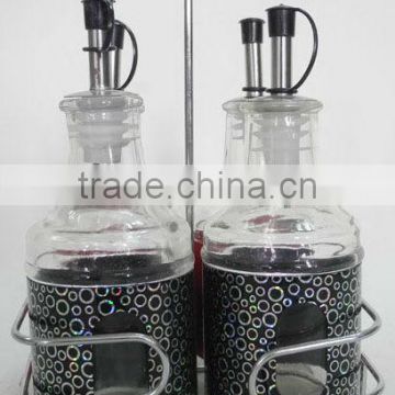 2016 metal coating black glass oil and vinegar cruet bottle set