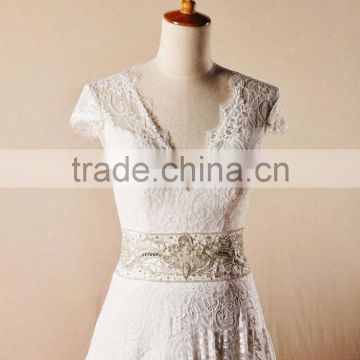 Latest style elegant embroidered shining wedding dress short sleeve V-line bridal wedding dress TS191