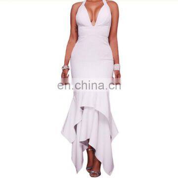 2017 New In Cross Stripe Back Sexy Double Layers Ruffle Waist Band White Maxi Dress