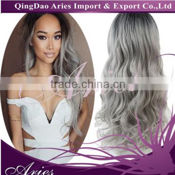 24"60CM LONG WAVY LACE FRONT WIG SYNTHETIC HAIR OMBRE BLACK AND GRAY COLOR