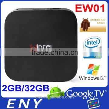 Factory EW01 Windows8.1 Android 4.4 Intel Bay Trail-T Ethernet Wifi Google Best Selling TV BOX Satellite Receiver