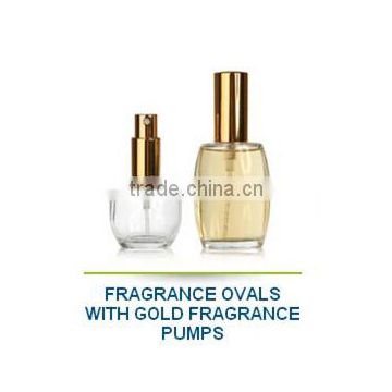 Fragrance ovals with gold fragrance pumps glass cosmetics container