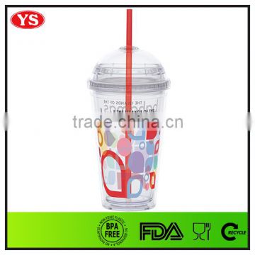 Full color logo printing double wall Plastic 16oz Cups with dome or flat lid