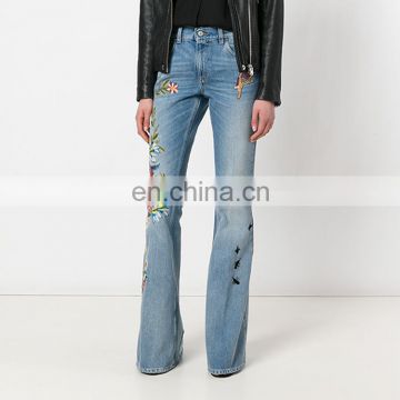 Custom Factory Floral Embroidery Flared Jeans Trousers for Women