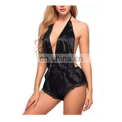 Factory customized new style unique sexy deep V-neck petticoat pajamas with high side slit lace pajamas