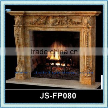 yellow natural stone carved interior fireplace surround