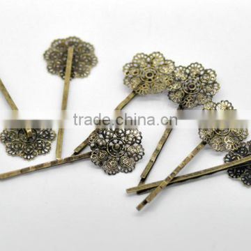 Antique Bronze Filigree Flower Bobby Pins Hair Clips 6.4x2.3cm(2-1/2"x7/8"), sold per pack of 30,Customize