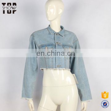 China factory outlet washed cropped raw cut vintage denim jacket women clothing