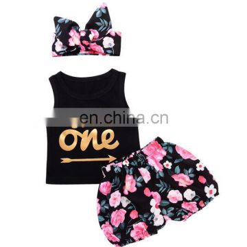 Boutique tank top and floral short 100% cotton summer baby girl clothes set
