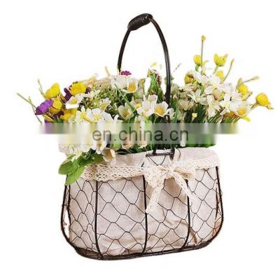 Wholesale Customize Home Decor Picnic Oval Dark Brown Metal Wire Fabric Food Fruit Garden Storage Flower Basket With Handles Flower Vase