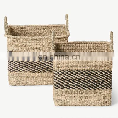 Set of 2 Striped Black & White Natural Seagras Basket With Handle Customized Color Storage Basket Wholesale