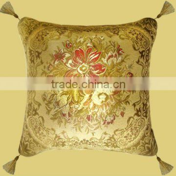 Unique Noble Colorful Flower with Four Tassel Design Golden Silk Background Cushion Cover GS-016