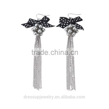 Fashion Jewelry black Color silver Chain Long Tassel Drop Earrings For Women With pearl