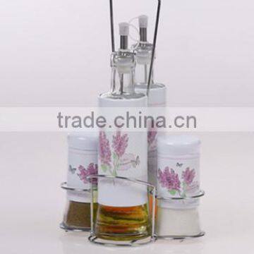 4pcs glass spice jar+oil bottle in a metal rack