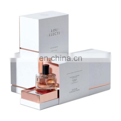 Hot gold foil labels perfume box branded perfume fragrance oil bottle atomizer packaging box with paper envelop