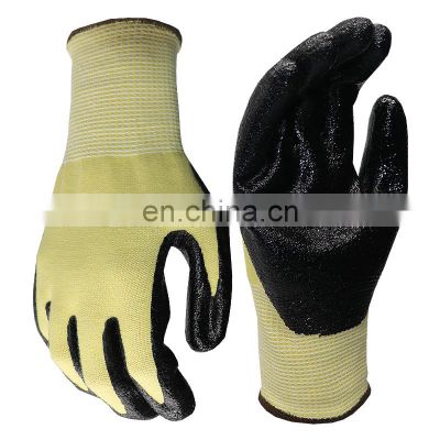 Yellow Aramid Knit Work Gloves With Nitrile Plam Finish Cut and Heat Resistant Feature Abrasion Resistance Gloves