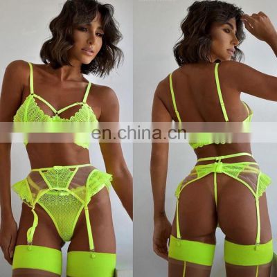 2022 Summer Girls Wearing Mesh Garter Belt Underwear Lace Sexy Fluorescent Yellow Lingerie Sets