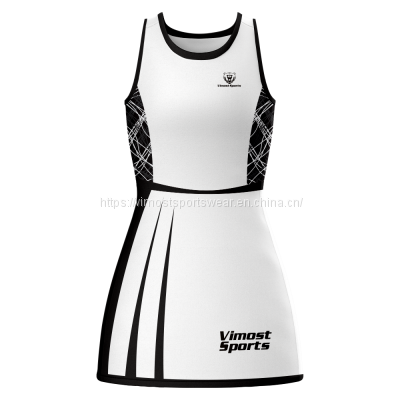 2023 hot good-looking dye sublimated netball dress with classic black and white colors