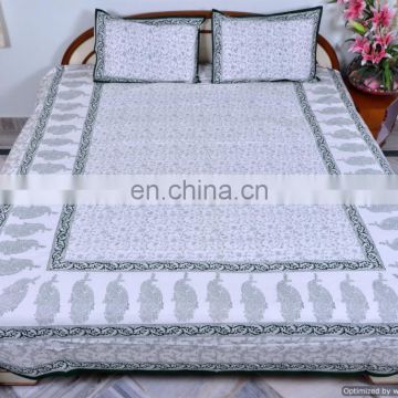 Indian Bed Sheet Bohemian Hand Block Printed Bed Cover White Floral Queen Size Bedspread