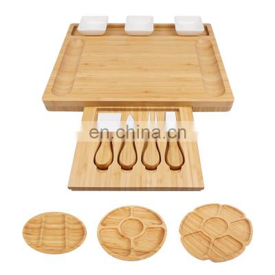 Natural Original Large Square, Charcuterie Wooden Bamboo Cheese Board With grooved cutlery 4 Stainless Steel Cheese Knives