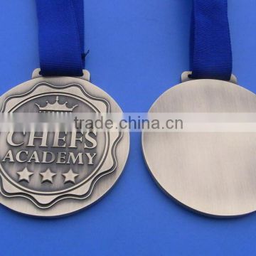 custom antique silver ashburton chefs academy souvenir medal with blue ribbon , embossed 3D logo medallions
