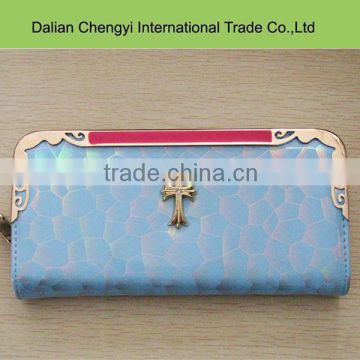 Wholesale ladies print patent pu leather long ladies wallet with iron edge