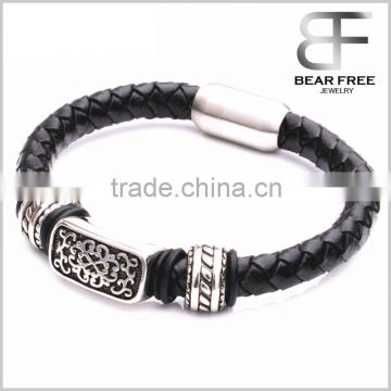 Stainless Steel Magnetic Clasp Leather Bracelets for boy and girls with Metal Button Clasp