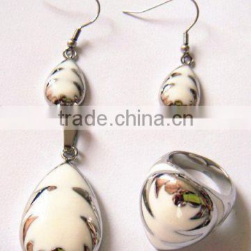 set006 hot sale high quality stainless steel white enamel ring,earring,pendant jewelry set