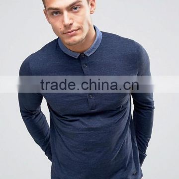 Long Sleeve Stitched Down Collar Four Button Placket Chest Pocket Navy Men's 100% Cotton Soft Jersey 220g Casual Polo T-Shirt