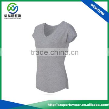 New Design 92%Polyester 8%Spandex V-neck Women Sport T Shirt With Curve Bottom