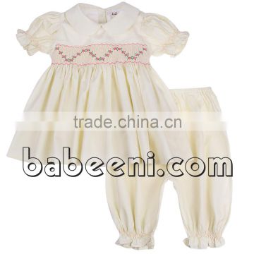 Cute cream flower smocked pajamas for little girls