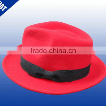 Promotional red color wool fedora hats with ribbon