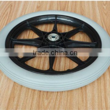 16x1.75 inch gray PU wheel with rib tread and black plastic rim for medical handcarts