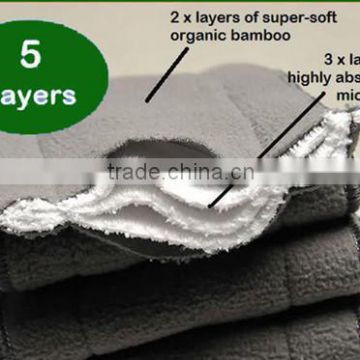 bamboo charcoal 5 Layers(3+2) insert with 2 layer super-soft organic bamboo and 3 layer highly absorbent microfiber