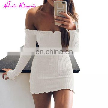 Newest One Word Collar Underbust Long Sleeve Sexy Bodycon women party dress