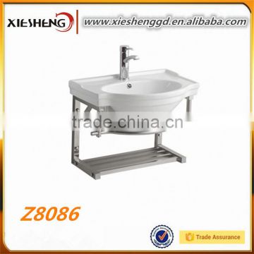 washroom ceramics hand wash basin with stainless steel shelf