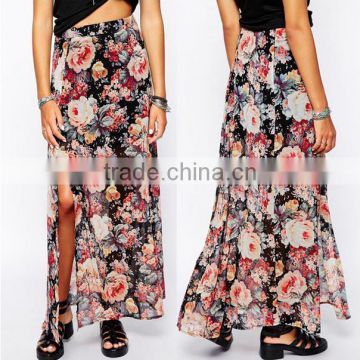 2016 latest fashion women long skirt design floral print divided seduction maxi skirt